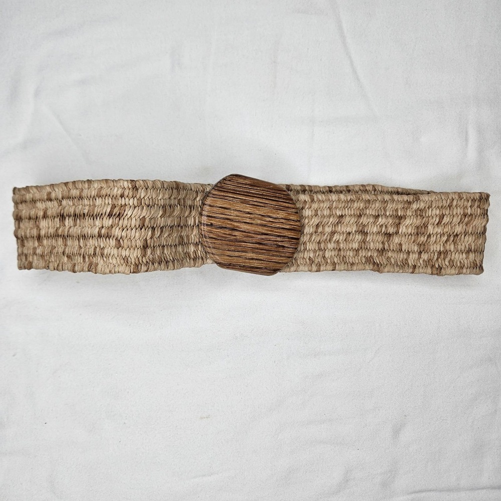 Vintage Boho Woven Raffia Straw Stretch Waist Belt Faux Wood Buckle Tan 2‎ Inch
